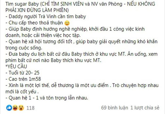 Một bài đăng tìm sugar baby. Ảnh chụp màn hình
