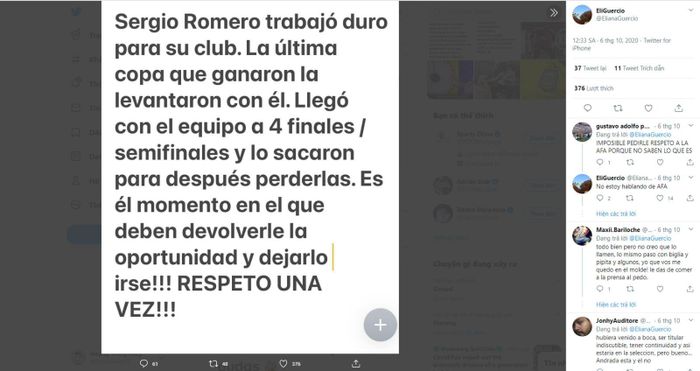 Vợ của Romero chia sẻ cảm xúc trên trang cá nhân Twitter