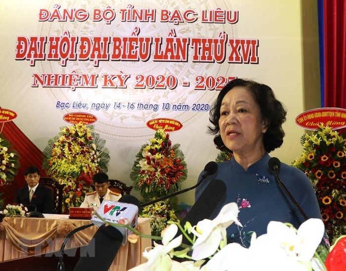  Bà Trương Thị Mai, Ủy viên Bộ Chính trị, Bí thư Trung ương Đảng, Trưởng Ban Dân vận Trung ương dự và phát biểu chỉ đạo Đại hội. (Ảnh: Huỳnh Sử/TTXVN) 