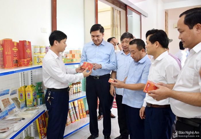 Đồng chí Hoàng Nghĩa Hiếu - Ủy viên BTV Tỉnh ủy, Phó Chủ tịch UBND tỉnh và đoàn công tác tham quan các sản phẩm nông thôn tiêu biểu. Ảnh: Xuân Hoàng