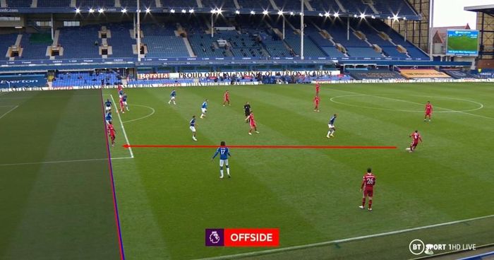  Đường chuyền xuyên tuyến ấn tượng của Thiago dẫn đến tình huống Jordan Henderson làm tung lưới Everton. Tuy nhiên, bàn thắng không được công nhận. Ảnh: The Sun. 