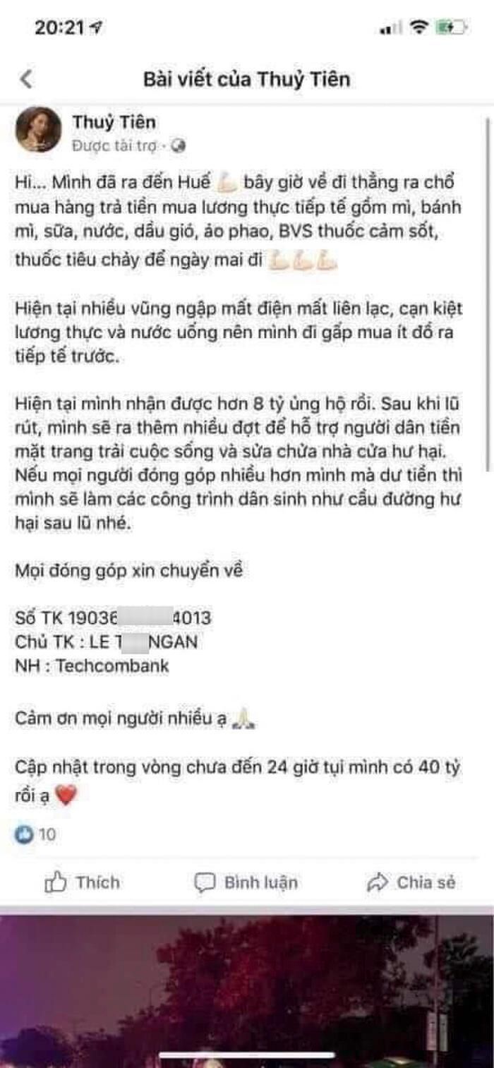 Bài đăng kêu gọi kêu gọi nhận tiền quyên góp, cứu trợ đồng bào miền Trung gặp khó khăn vì lũ lụt của tài khoản giả mạo ca sĩ Thủy Tiên. (Ảnh: Thủy Tiên)