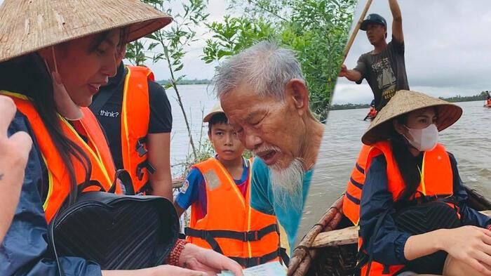 Ca sĩ Thủy Tiên đứng ra quyên góp, đồng thời có mặt tại miền Trung để giúp đỡ những người dân gặp khó khăn do ảnh hưởng của mưa lũ. (Ảnh: FBNV / Thanh Niên)