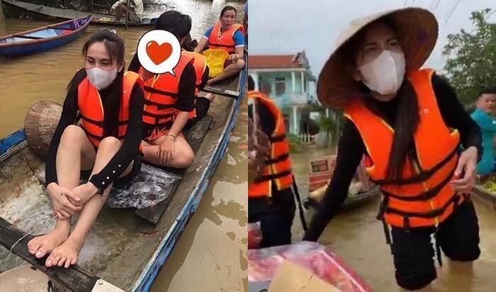 Thủy Tiên quyên góp được hơn 30 tỉ hỗ trợ đồng bào miền Trung. Hình ảnh nữ ca sĩ lội nước trao nhu yếu phẩm đến người dân được cộng đồng mạng khen ngợi. (Ảnh: FBVN)