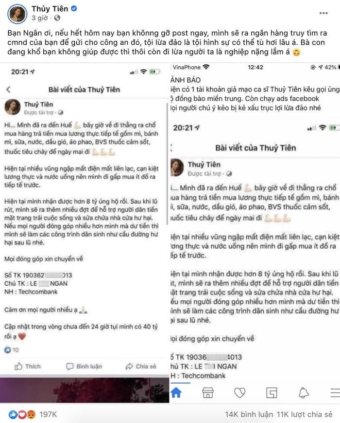 Bài đăng cảnh báo của Thủy Tiên về một tài khoản Facebook giả mạo cô để kêu gọi nhận tiền quyên góp, cứu trợ đồng bào miền Trung gặp khó khăn vì lũ lụt. (Ảnh chụp màn hình)