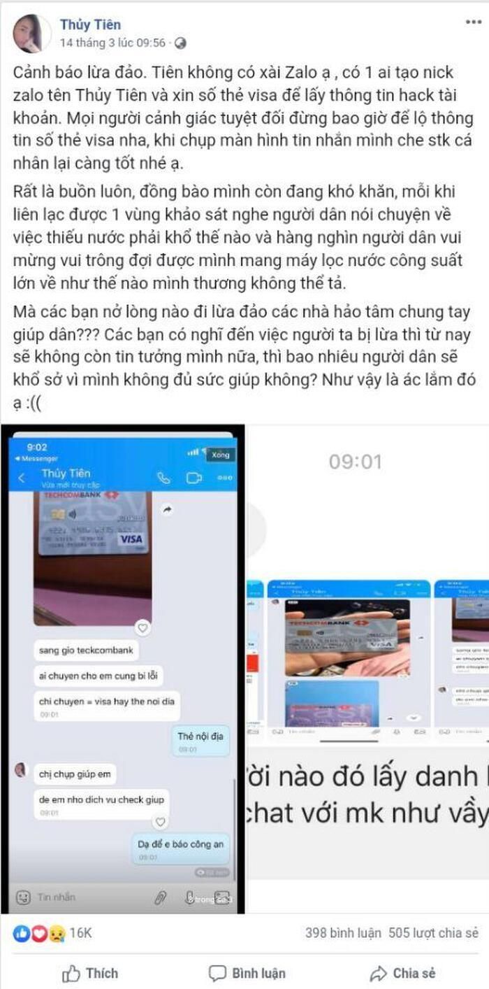 Thủy Tiên lên tiếng cảnh báo cộng đồng về tài khoản giả mạo cô để đi lừa đảo. (Ảnh chụp màn hình)
