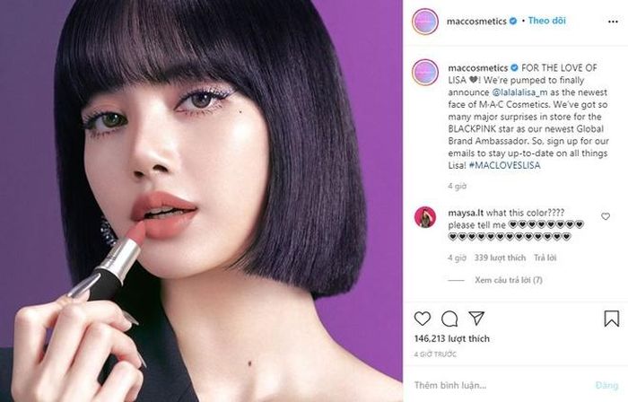 Hãng mỹ phẩm nổi tiếng thông báo Lisa là đại sứ toàn cầu trên fanpage. Ảnh chụp màn hình.