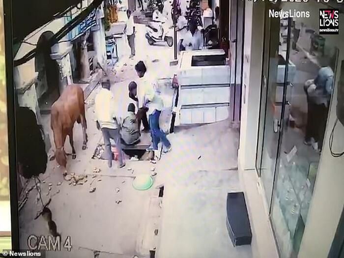 Những người xung quanh tới đỡ người đàn ông dậy, con bò vẫn thản nhiên đánh chén chiến lợi phẩm.