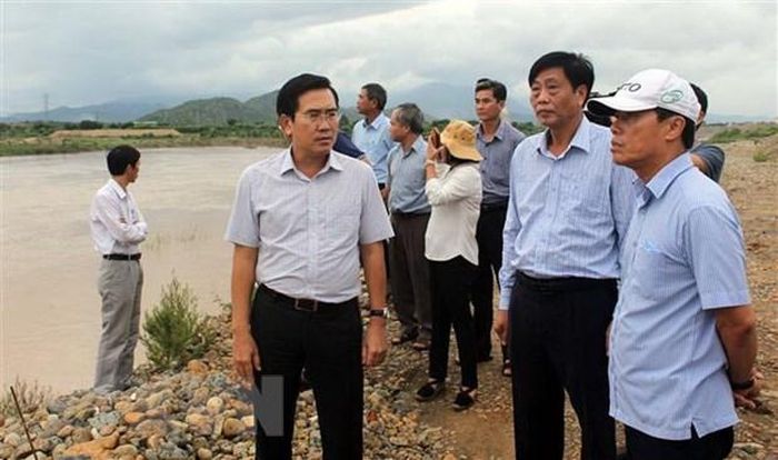 Đoàn công tác của Ủy ban Nhân dân tỉnh Ninh Thuận kiểm tra an toàn bờ đê sông Dinh trước khi bão đổ bộ. (Ảnh: Công Thử/TTXVN)
