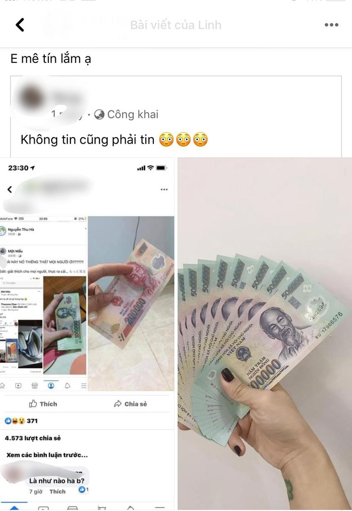 Liên tiếp các bài chia sẻ về dòng trạng thái tin tưởng rằng mình sẽ nhận được tiền chỉ với việc chia sẻ.