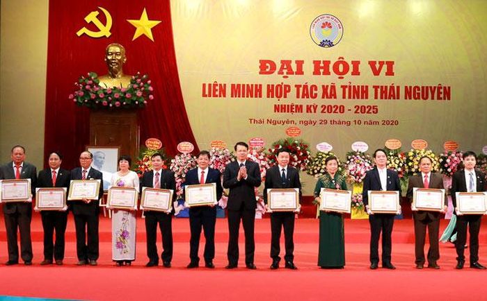Đồng chí Dương Văn Lượng, Phó Chủ tịch UBND tỉnh trao Bằng khen của Chủ tịch UBND tỉnh cho các tập thể, cá nhân có thành tích xuất sắc trong phong trào thi đua phát triển KTTT tỉnh Thái Nguyên giai đoạn 2016-2020.