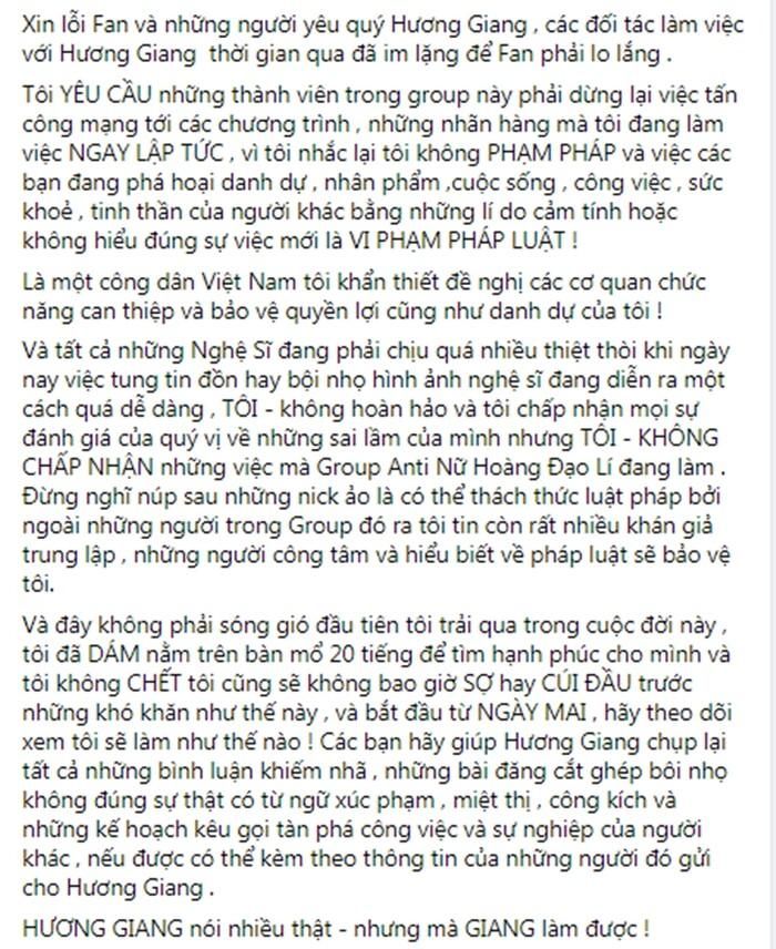 Hương Giang yêu cầu anti-fan ngừng tấn công mạng làm ảnh hưởng tới cuộc sống của cô.