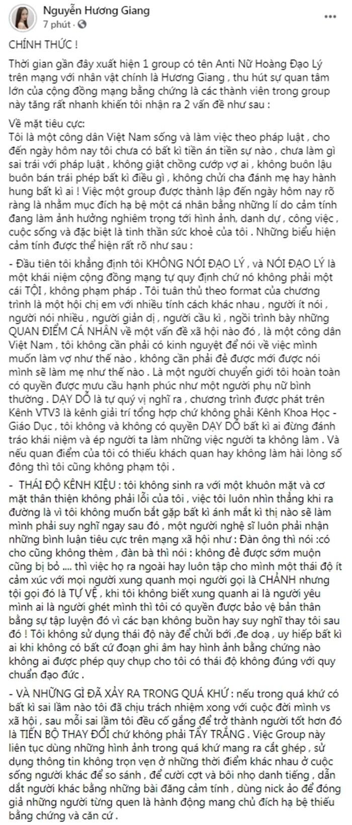 Bài đăng dài của Hương Giang chia sẻ về việc bị anti-fan tấn công.