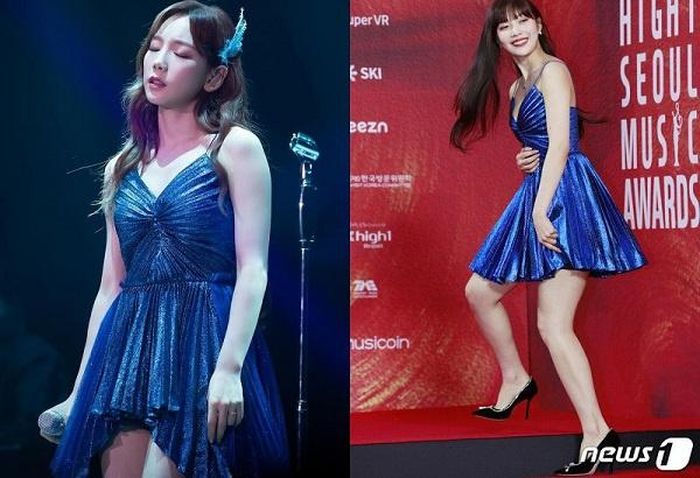  Tại thảm đỏ lễ trao giải Seoul Music Awards 2020, chiếc váy xanh cobalt của Joy cũng từng được Taeyeon mặc khi xuất hiện tại concert The Unseen. Theo đó, đây là thiết kế đến từ thương hiệu Yves Saint Laurent và có giá 2.950 USD. Trong khi Joy bê nguyên bộ trang phục, trưởng nhóm SNSD được dân mạng khen tinh tế hơn với phần biến tấu cắt ngắn váy theo dáng mullet. Ảnh: News1. 
