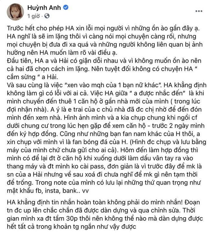 Huỳnh Anh khẳng định tin nhắn trên mạng là dàn dựng. Ảnh chụp màn hình.