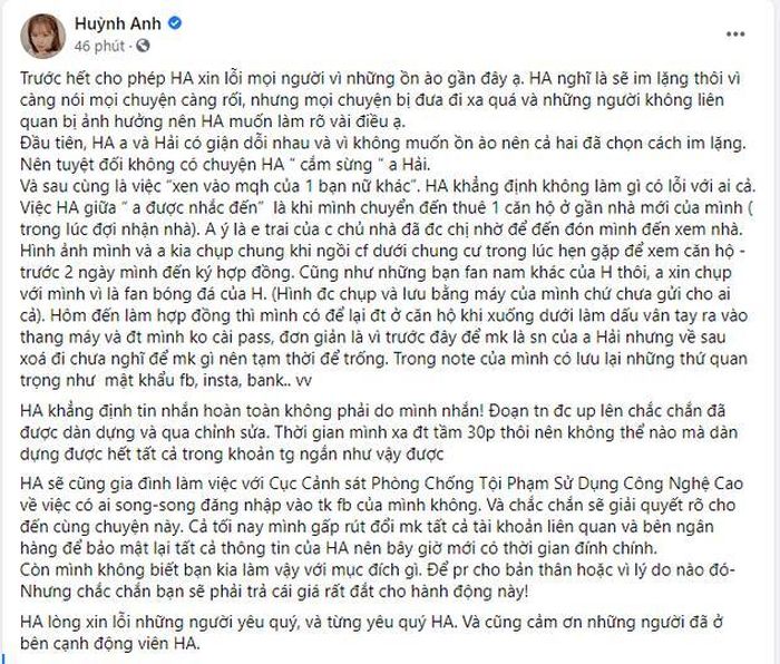  Huỳnh Anh có động thái đầu tiên sau khi bị tố “cắm sừng” Quang Hải. Ảnh: FB. 