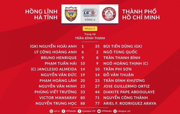 Danh sách xuất phát hai đội