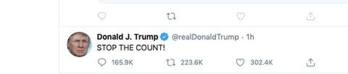 Dòng tweet của Trump với nội dung Ngưng kiểm phiếu - Ảnh: Twitter của Trump