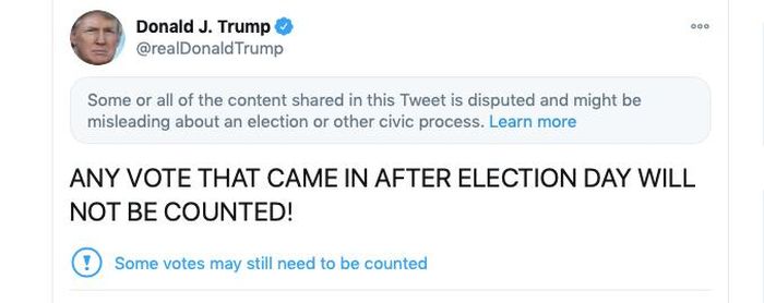Dòng tweet của Trump với nội dung Bất kỳ lá phiếu nào được chuyển đến sau ngày bầu cử sẽ không được tính - Ảnh: Trang Twitter của Trump 