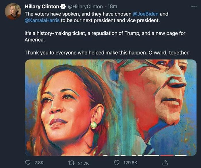  Bài viết chúc mừng chiến thắng của bà Clinton cho bộ đôi ứng cử viên đảng Dân chủ Joe Biden và Kamala Harris
