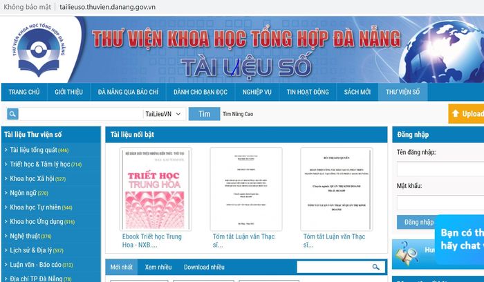 Trang "Tài liệu số" của thư viện Khoa học tổng hợp Đà Nẵng
