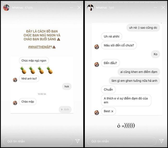 Trong khi những lần phát "cẩu lương" trước đó, Quang Đạt chỉ xưng anh và gọi Hà Trúc là Mập