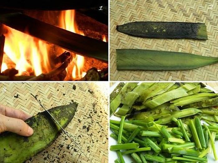 Cách làm: Quả quao được nướng trên bếp than và thái mỏng. Để có món nộm ngon thì quả quao phải đang độ “bánh tẻ”, chưa già, còn có màu xanh đậm, quả non có màu xanh nhạt hơn. Đầu tiên là nướng quả trên bếp lửa, cho cháy đen vỏ bề ngoài đi. Quả chín dần trong quá trình nướng, tạo ra vị thơm đặc trưng của món ăn. Sau đó thái mỏng quả quao đã nướng.