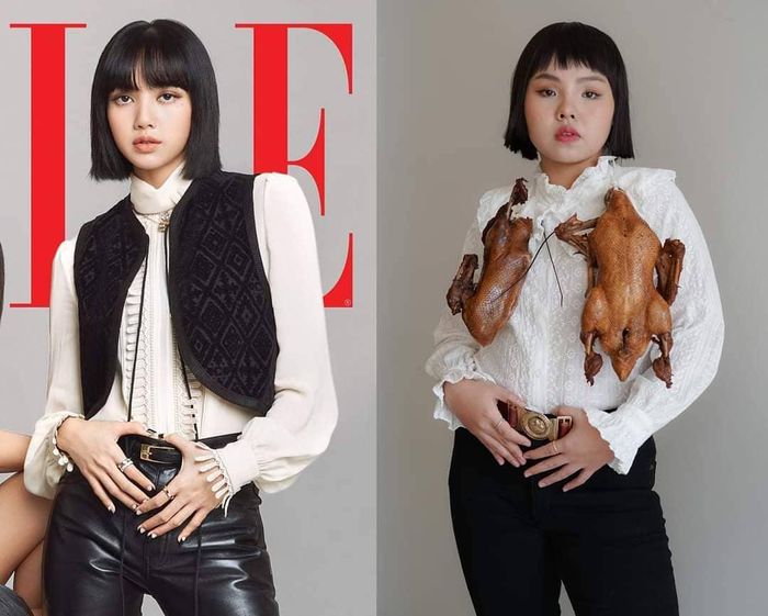 Cô chủ 22 tuổi đã dùng 2 con gà quay để thay cho lớp gile khoác ngoài của thành viên nhóm BlackPink. Dù trang phục chỉ mang tính hài hước, Sine vẫn nhận được nhiều lời khen vì cách tạo dáng và thần thái giống thần tượng gốc Thái Lan. "Nếu giảm cân, cô ấy có thể dễ gây nhầm lẫn với Lisa", một tài khoản để lại bình luận hài hước. Ảnh: ELLE, @framsook_lek_lek.