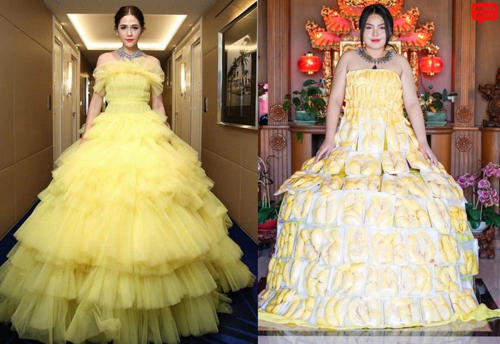 Mẹ và dì thường giúp đỡ cô khi làm những bộ váy phức tạp. "Tôi nhớ có chiếc váy màu vàng nổi bật đã tốn hơn 30 kg sầu riêng để tạo ra". Ảnh: @framsook_lek_lek.