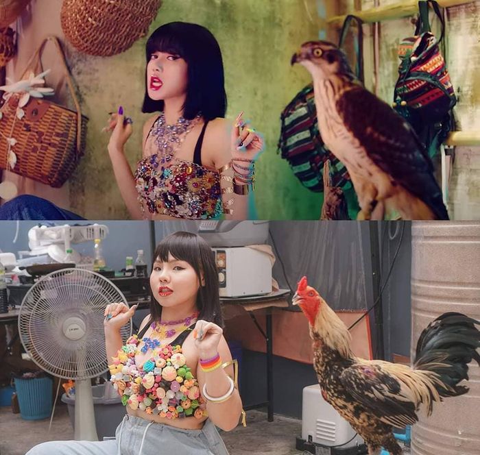Nhiều người còn bật cười khi thấy Sine dùng bánh quy để làm lại chiếc crop top đính đá Lisa diện trong MV How you like that. Thực tế, thiết kế nữ thần tượng nhà YG diện được cắt từ mẫu quần trong bộ sưu tập Xuân 2017 của Dolce & Gabbana. Ảnh: How you like that, @framsook_lek_lek.