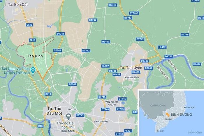  Vụ cướp ngân hàng xảy ra tại phường Tân Định, thị xã Bến Cát, tỉnh Bình Dương (khoanh đỏ). Ảnh: Google Maps. 