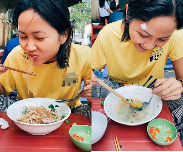 "Hoa hậu chân đất" mỗi lần đi ăn sáng là phải đánh chén combo miến trộn và bún cá, gia vị yêu thích của cô lúc nào cũng là bát ớt đỏ. 