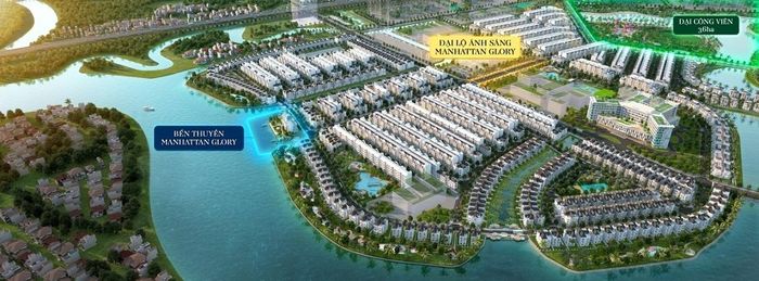 Bến thuyền Manhattan Glory nằm tại giao điểm quần thể biệt thự, shophouse, boutique villa The Manhattan Glory và dòng chảy sông Tắc - sông Đồng Nai. Ảnh phối cảnh.