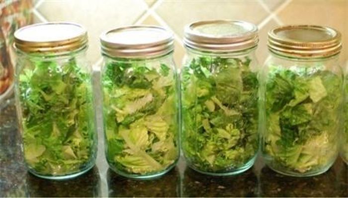 Cho rau gia vị vào các lọ thủy tinh để bảo quản lâu hơn.