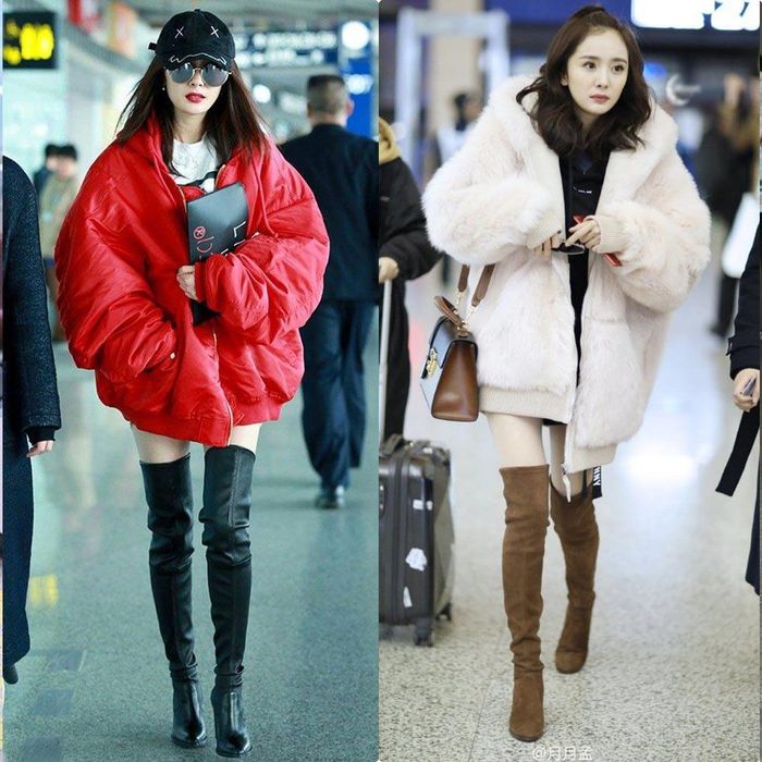 Mốt giấu quần khi xỏ chân vào đôi giày sneakers cũng tuyệt đẹp mà khi kết hợp với boots đùi và áo khoác bomber to sụ lại càng hoàn hảo hơn. Với chiếc áo khoác to dày, chị em ngoài 30 có thể giấu giếm đi nhược điểm của phần thân trên, đồng thời đánh lừa mắt người nhìn rằng chân mình rất dài và nhỏ.