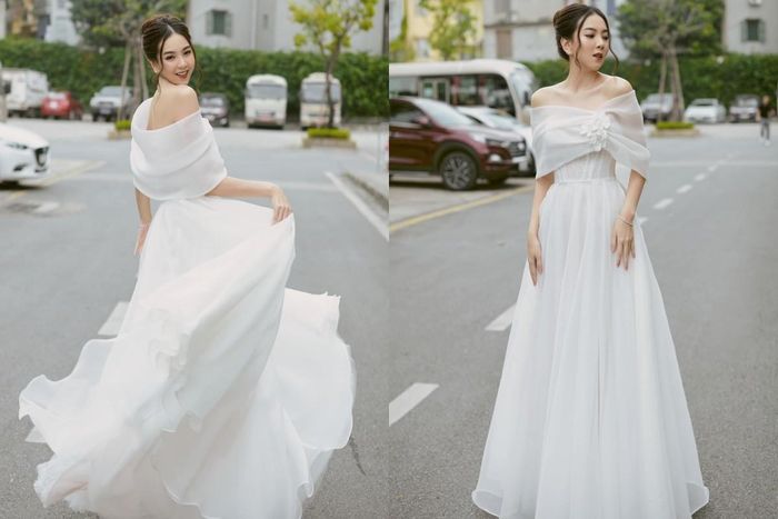 Với tính cách dịu dàng cùng gương mặt xinh lung linh, Mai Ngọc thường chơi chiêu chọn những chiếc váy hơi hướng công chúa một chút. Chiếc váy có phần eo được may bó sát tựa chiếc corset. 