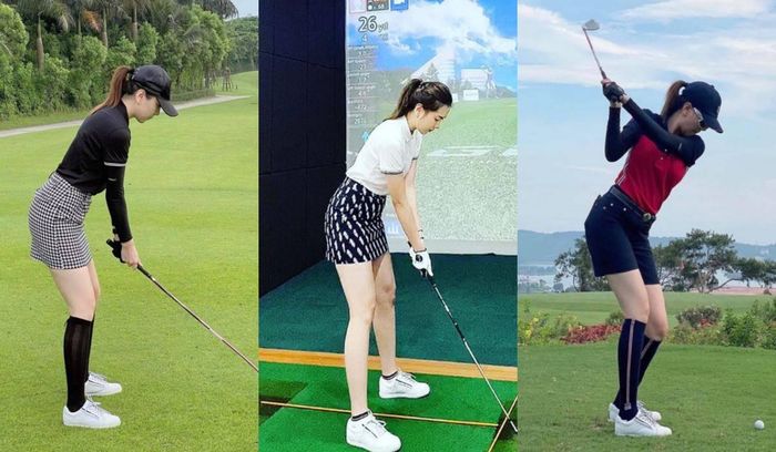 Dáng đánh golf của Mai Ngọc cũng không thể chê được khi mà chuyển động nào cô cũng đẹp.