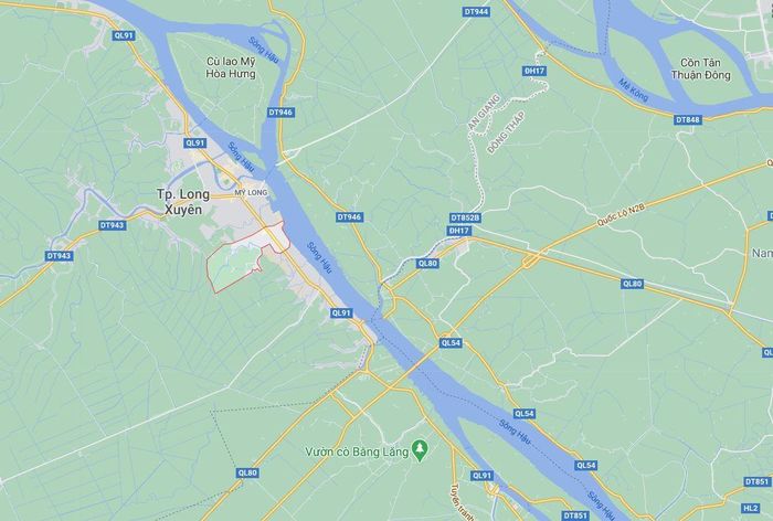  Phường Mỹ Quý (khoanh đỏ) ở TP Long Xuyên. Ảnh: Google Maps. 