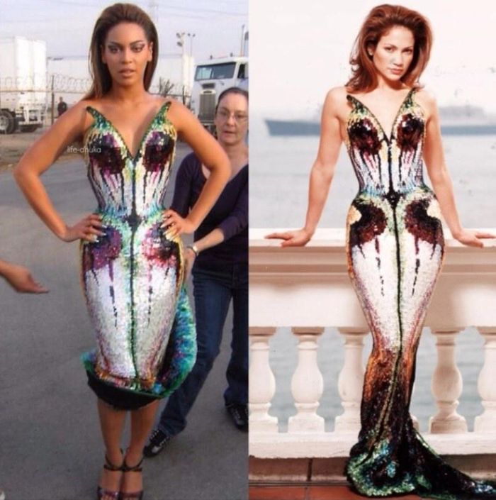  J.Lo tới Liên hoan phim Cannes 1998 trong bộ váy ánh kim, được thiết kế kiểu nàng tiên cá. Đúng 10 năm sau, cựu thành viên nhóm Destiny's Child cũng xuất hiện với bộ đồ tương tự. Đây đều là thiết kế của Thierry Mugler. Cây viết của The Sun nhận xét vẻ ngoài dữ dằn giúp Beyoncé dẫn trước đàn chị lần này. Ảnh: The Sun. 