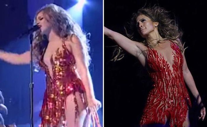  Trong buổi biểu diễn ở Washington (Mỹ), Beyoncé khiến khán giả "bỏng mắt" với chiếc váy kiểu lửa cháy. 7 năm sau, J.Lo sử dụng trang phục y hệt khi biểu diễn tại Lisbon, Bồ Đào Nha. Clemmie Fieldsend - cây viết của The Sun - đánh giá cả hai đều trông "bốc lửa trên sàn diễn nhưng người đẹp hơn là Beyoncé". Ảnh: The Sun. 