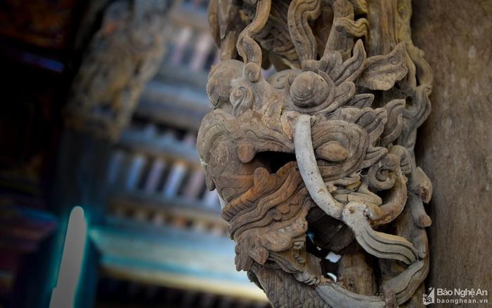 Cột đình ở gian chính được chạm nổi hình tượng 2 con rồng lớn đang ôm cột hướng xuống mặt đất. Trên mái đình có hình tượng rồng cuộn, hổ ngồi, nghê chầu; mái ngói được lợp âm dương. Ảnh: Thành Cường