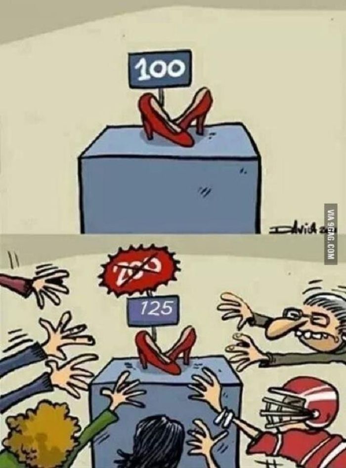 Cảnh "sập bẫy" Black Friday thường thấy. Mọi người tranh nhau sứt đầu mẻ trán để mua đôi giày giá sale là 125 USD, trong khi cũng đôi đó giá thật 100 USD không ai thèm nhìn.