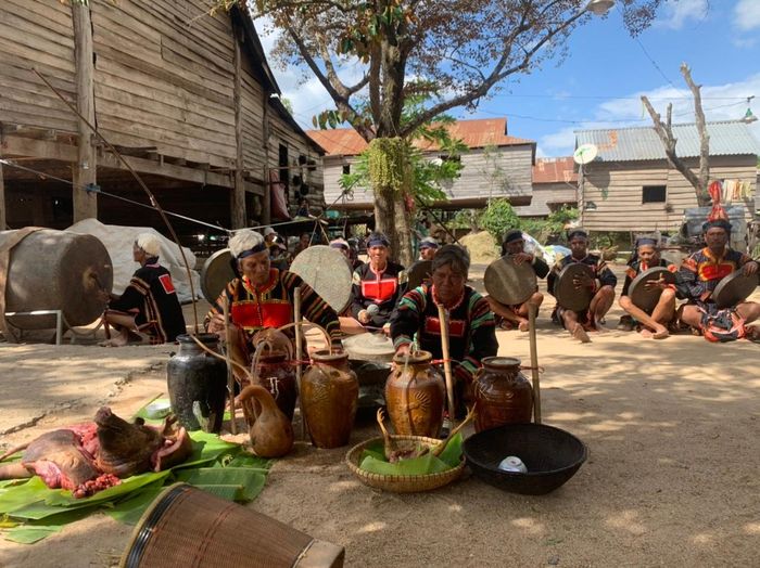 Già làng thực hiện nghi lễ cúng. Lễ vật gồm heo, gà và rượu ghè. Người Jrai cho rằng, các vị thần linh cũng có tình cảm như con người. Vì vậy, cúng thần càng nhiều lễ vật với tấm lòng thành thì sẽ nhận lại sự giúp đỡ và che chở.