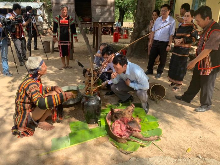 Khách mời cùng dân làng uống rượu ghè chung vui với chủ nhà. Nhà nào đông khách coi như là niềm vinh dự, hứa hẹn vụ mùa tới bội thu.