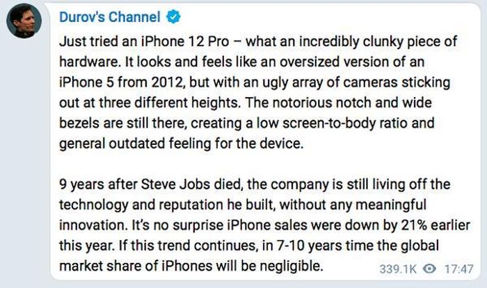 Sau khi trải nghiệm một chiếc iPhone 12 Pro mới của Apple, Pavel Durov đã có những lời chê bai thậm tệ dành cho chiếc smartphone này trên trang Telegram cá nhân.