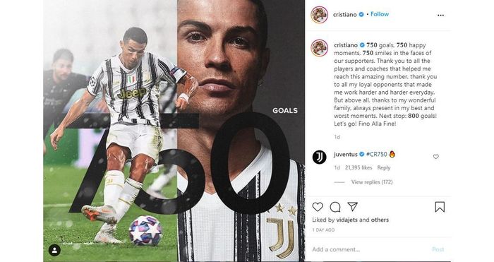 Ronaldo chia sẻ trên Instagram