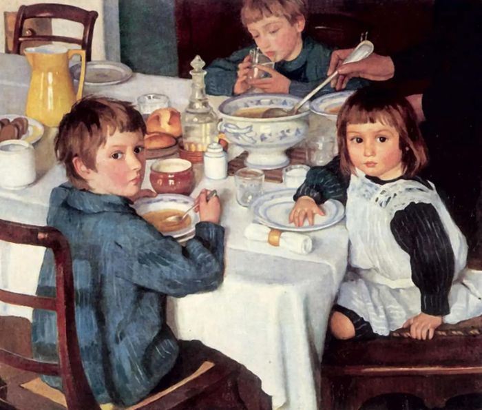  Zinaida Serebriakova sinh ra trong một gia đình danh giá, có truyền thống nghệ thuật. Vì vậy, bà có điều kiện tiếp xúc với giáo dục, hội họa từ rất sớm. Sau này, Zinaida theo học trường nghệ thuật và được nhiều họa sĩ tên tuổi lúc bấy giờ giúp đỡ, chỉ bảo. Bức tranh: At breakfast (1914). 