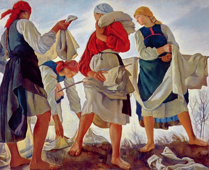  Trong khoảng thời gian từ 1914-1917, Zinaida Serebriakova sáng tác rất nhiều và đều để lại những ấn tượng sâu sắc đối với giới phê bình. Hàng loạt bức tranh của bà sáng tác về đề tài cuộc sống tại nông thôn và cảnh lao động của những người nông dân thời bấy giờ. Bức tranh The bleaching of the canvas (1917). 