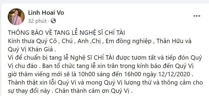 Bài viết của nghệ sĩ Hoài Linh.