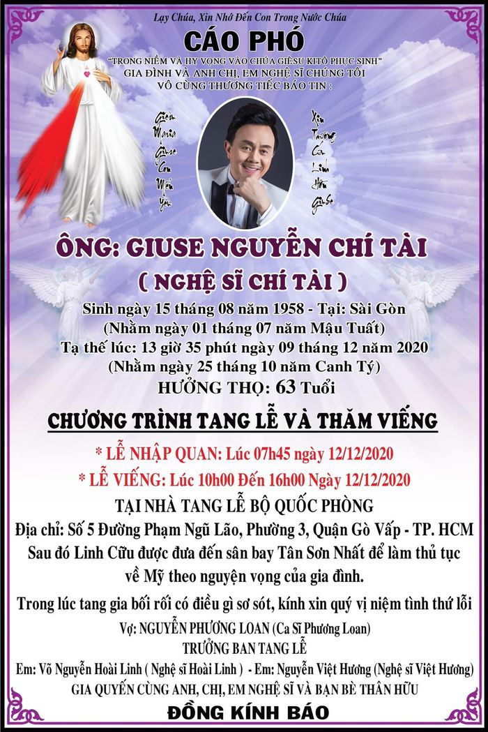 Cáo phó của nghệ sĩ Chí Tài.
